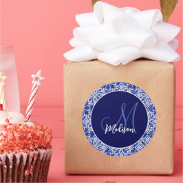 青スタイリッシュガーリー灰色イニシャルモノグラムの ラウンドシール