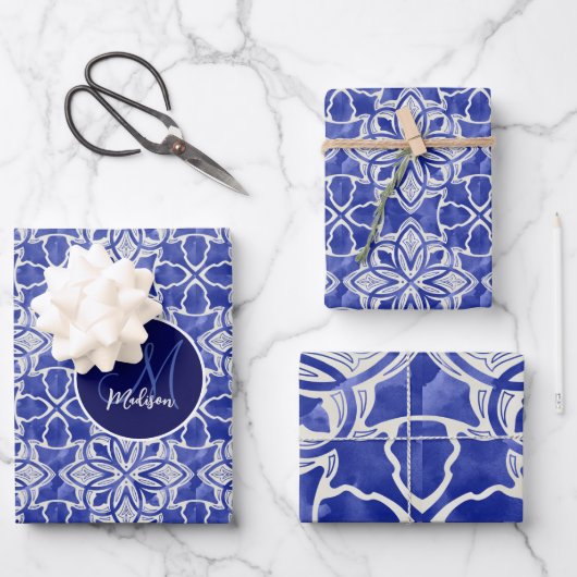 青スタイリッシュガーリー灰色イニシャルモノグラムの ラッピングペーパーシート (正面)