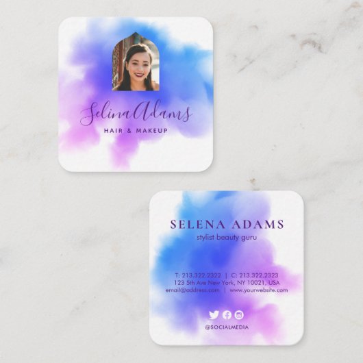青スタイリッシュグラデーション色ピンク水色フォト抽象芸術 スクエア名刺 (正面/裏面)