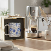 青スタイリッシュフローラアートの水彩模様 コーヒーマグカップ