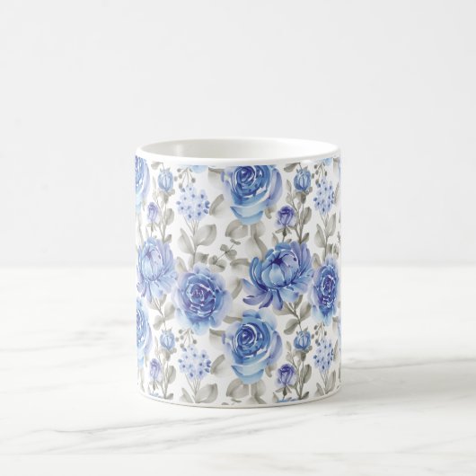 青スタイリッシュフローラアートの水彩模様 コーヒーマグカップ (中央)