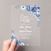 青スタイリッシュフローラ結婚式の日付の保存 アクリル招待状 (インサイチュ (ポータブル))