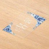 青スタイリッシュフローラ結婚式の日付の保存 アクリル招待状 (レイダウン)