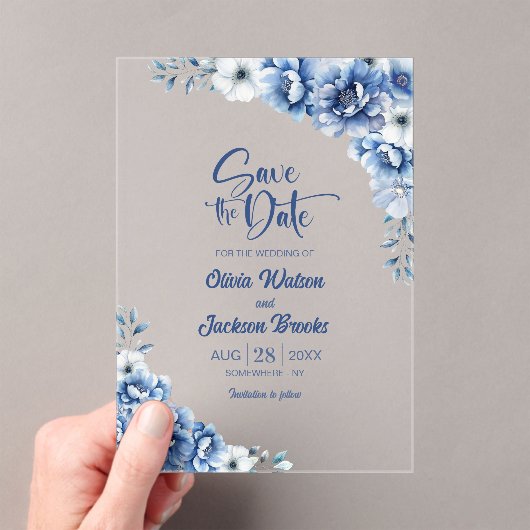 青スタイリッシュフローラ結婚式の日付の保存 アクリル招待状 (インサイチュ (ポータブル))
