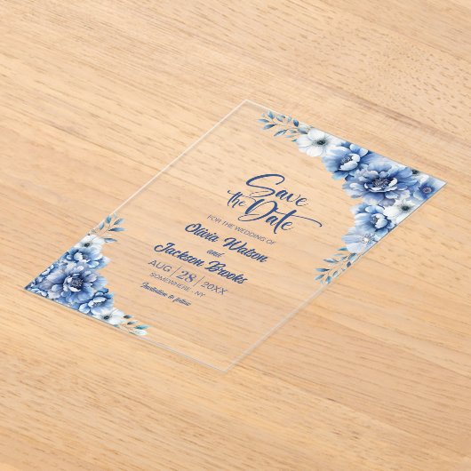 青スタイリッシュフローラ結婚式の日付の保存 アクリル招待状 (レイダウン)