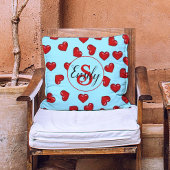 青スタイリッシュモノグラムのティール(緑がかった色)上の赤いハートパターン クッション