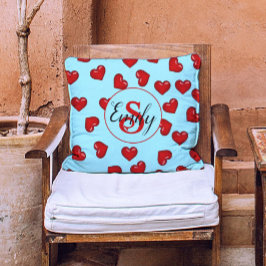 青スタイリッシュモノグラムのティール（緑がかった色）上の赤いハートパターン クッション