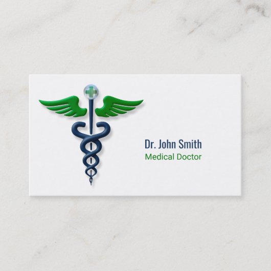 青スタイリッシュ医用カドゥセウス緑の翼クロス 名刺 (正面)