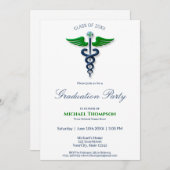 青スタイリッシュ医用カドゥセウス緑の翼クロス 招待状 (正面/裏面)