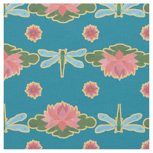 青スタイリッシュ地の睡蓮とトンボ ファブリック (クローズアップ)