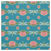 青スタイリッシュ地の睡蓮とトンボ ファブリック (見本)