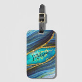 青スタイリッシュ大理石アーフェイクト金ゴールドグリッター ラゲッジタグ (正面縦)