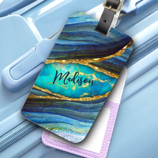 青スタイリッシュ大理石アーフェイクト金ゴールドグリッター ラゲッジタグ