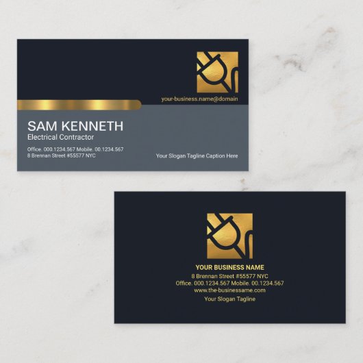 青スタイリッシュ層金ゴールド電源プラグ電気技師 名刺 (正面/裏面)
