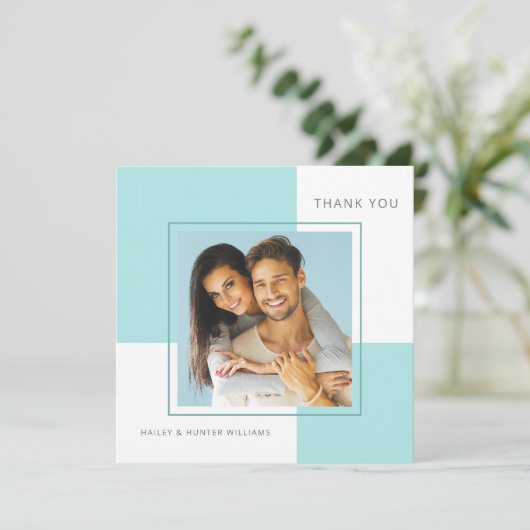 青スタイリッシュ広場結婚写真ありがとう サンキューカード (スタンド正面)