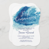 青スタイリッシュ水色第一聖餐式 招待状 (正面/裏面)