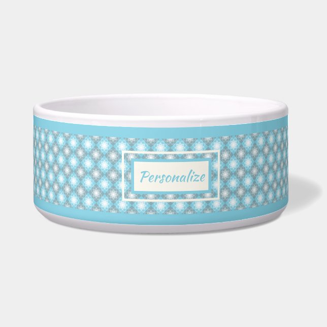 青スタイリッシュ灰色ダイヤモンドパターン猫の犬 ボウル (正面)