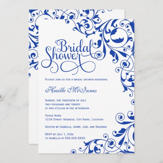 青スタイリッシュ王室の渦巻ブライダルシャワー 招待状 (正面/裏面)