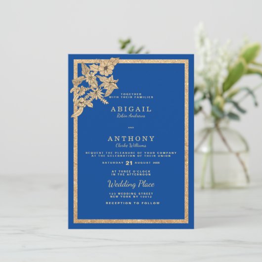 青スタイリッシュ王室の金ゴールドグリッターフローラ結婚の 招待状 (スタンド正面)