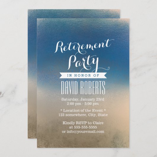 青スタイリッシュ白の冬の退職パーティー 招待状 (正面/裏面)