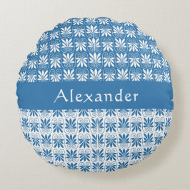 青スタイリッシュ白ギリシャフローラカスタム ラウンドクッション