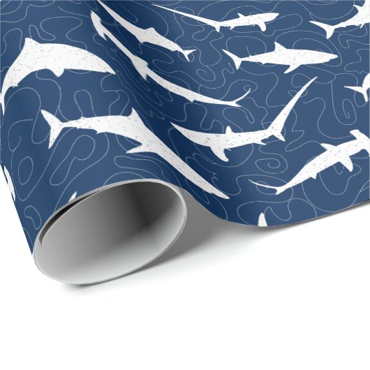 青スタイリッシュ白シャークプリント ラッピングペーパー (ロールコーナー)