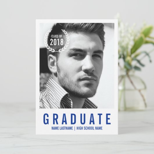 青スタイリッシュ白モダン写真卒業招待状 招待状 (スタンド正面)