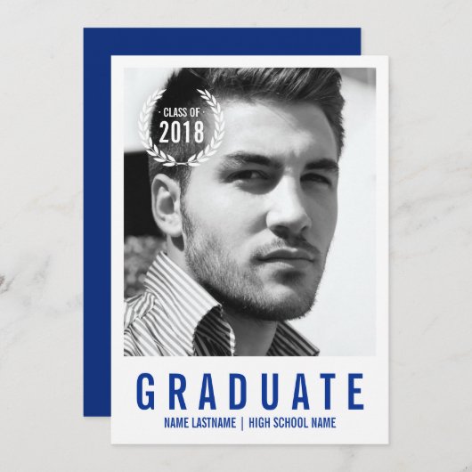 青スタイリッシュ白モダン写真卒業招待状 招待状 (正面/裏面)