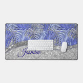 青スタイリッシュ紫シルバーグリッター葉モノグラム デスクマット (キーボード&マウス)