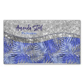 青スタイリッシュ紫シルバーグリッター葉モノグラム マグネット名刺 (正面)