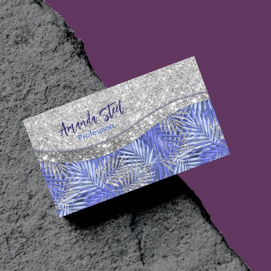 青スタイリッシュ紫シルバーグリッター葉モノグラム マグネット名刺