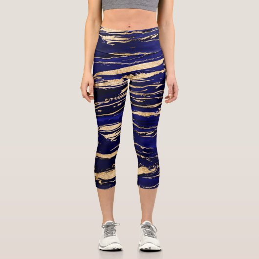 青スタイリッシュ金ゴールド抽象芸術大理石 カプリレギンス (正面)