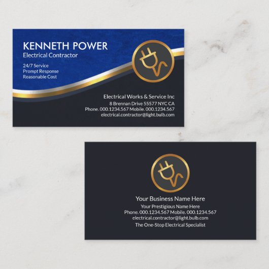 青スタイリッシュ銀グランジ金ゴールド波電気技師 名刺 (正面/裏面)