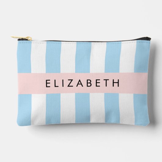 青ストライプいストライプのパターン、線、名前 アクセサリーポーチ (正面)