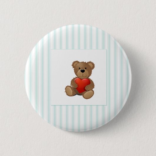 青ストライプいハート- Teddy Bear with Valentine 缶バッジ (正面)