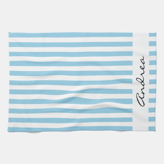 青ストライプい線、パターストライプのン、名前 キッチンタオル (横)