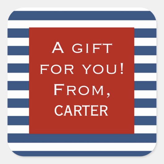 青ストライプい赤い枠のギフトパーソナライズされたステッカー スクエアシール (正面)