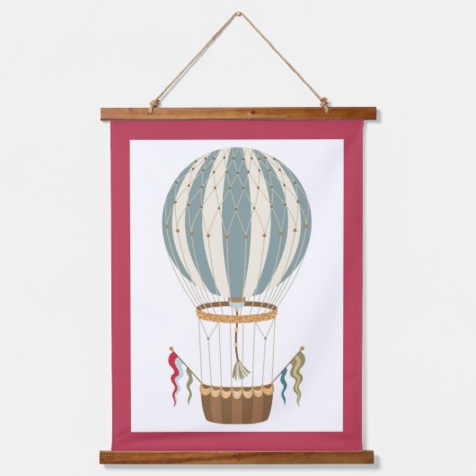 青ストライプの白スチームパンク熱気球 吊り下げ型タペストリー (正面)