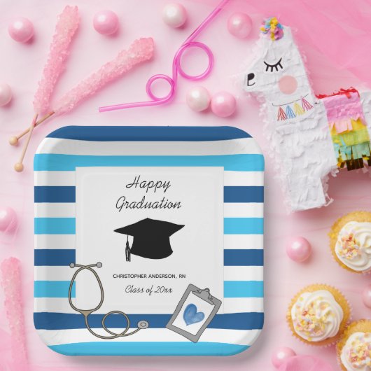 青ストライプの老師学校卒業 ペーパープレート (パーティー)