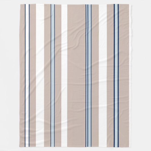 青ストライプの、白、ベージュ、黒アクセント フリースブランケット (正面)