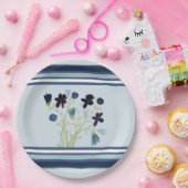 青ストライプフローラ ペーパープレート (パーティー)