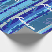 青ストライプ名前をカスタムするパーソナライズされた。 ラッピングペーパー (角)