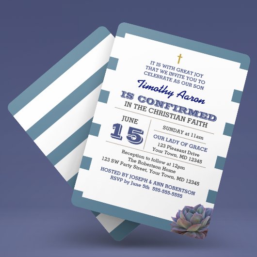 青ストライプ吸汁確認招待状 招待状