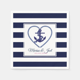 青ストライプ色のいかりとハート スタンダードカクテルナプキン