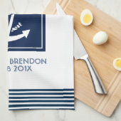 青ストライプ色のいかり キッチンタオル (四つ折り)