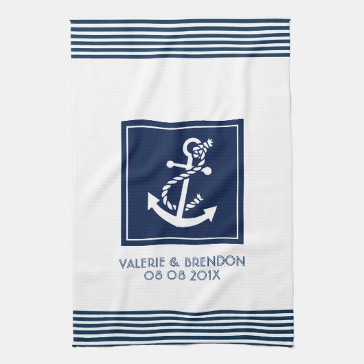 青ストライプ色のいかり キッチンタオル (縦)