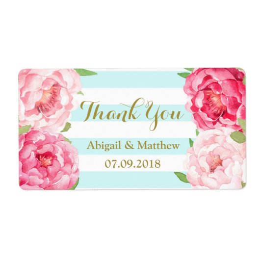 青ストライプ色のピンクの水色フローラウェディングラベル ラベル (正面)