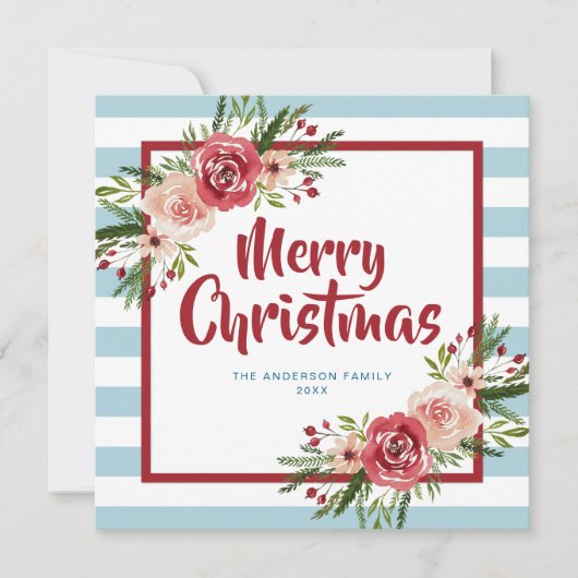 青ストライプ色の水色の花クリスマスカード 招待状 (正面)