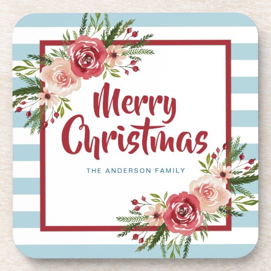 青ストライプ色の水色の花クリスマス コースター (正面)