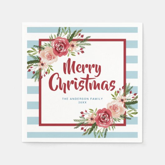 青ストライプ色の水色の花クリスマス スタンダードカクテルナプキン (正面)